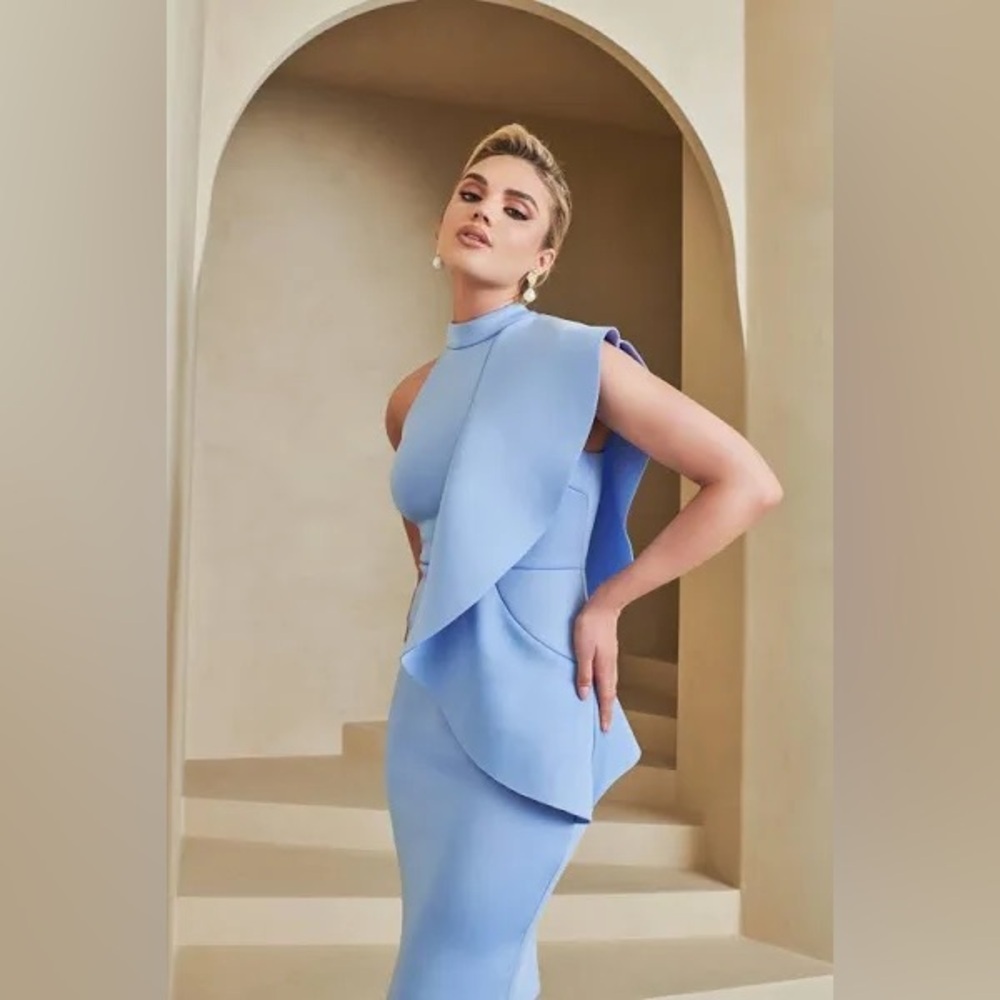 LAVISH ALICE Mock Neck Frill Scuba Crepe Dress Cornflower Blue Women’s Size 10